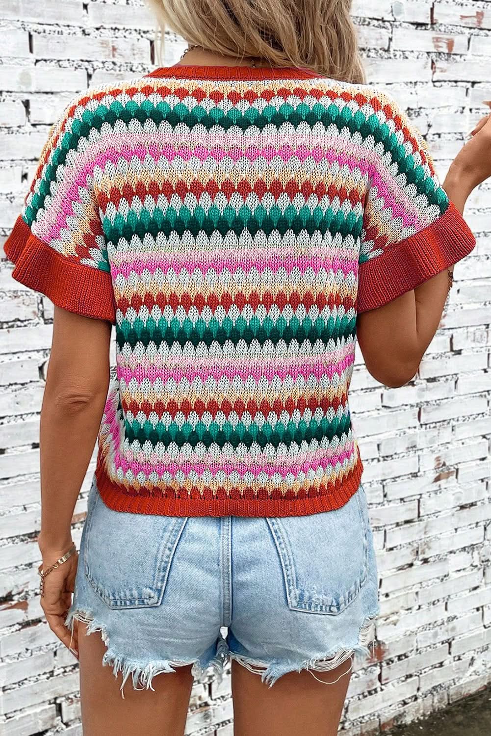 Fiery Red Trimmed Ruffle Sleeve Colorful Textured Sweater - Love Salve